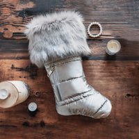 Matte Silver Puffer Christmas Stocking with Faux Fur